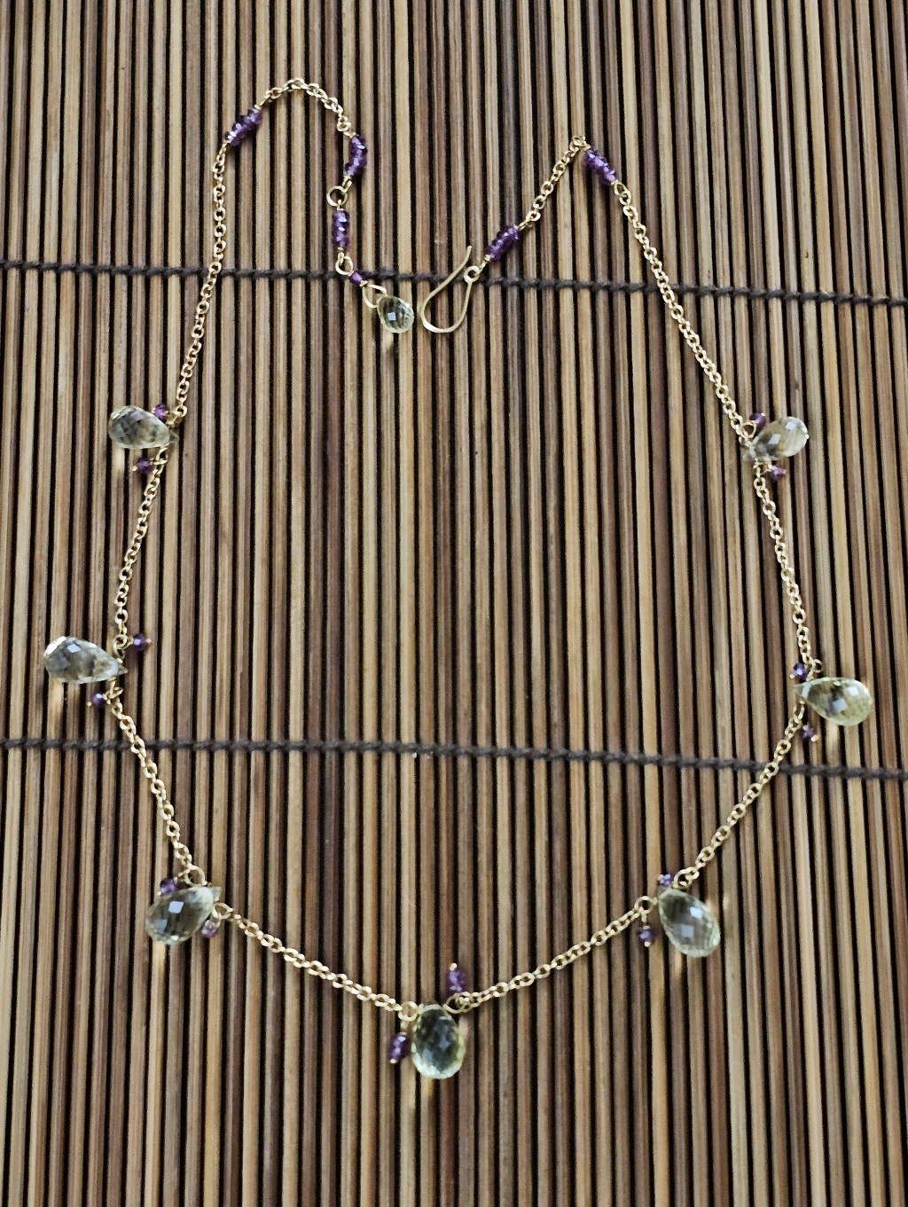 18k Green Aquamarine Purple Almandine Yellow Gold Necklace Vintage